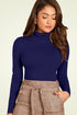 Women Navy Blue Highneck Full Sleeves T-Shirt